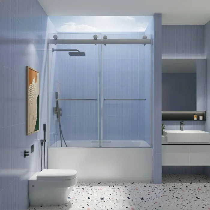 Moray 56 in. to 60 in. W x 65 in. H Tempered Glass Double Sliding Frameless Tub Door in Chrome Finish with Clear Glass