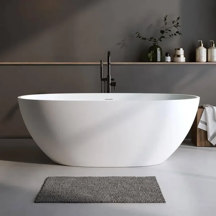 Moray 59 in. x 31 in. Solid Surface Stone Resin Flatbottom Freestanding Soaking Bathtub in Matte White