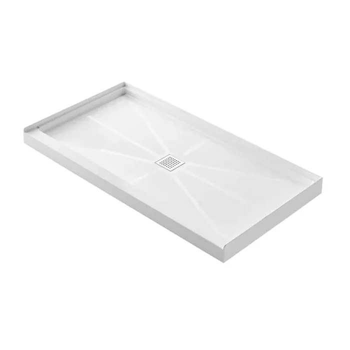 Moray 60 in. L x 34 in. W Threshold Alcove Shower Pan Base in White with Center Drain and Stainless Steel Cover