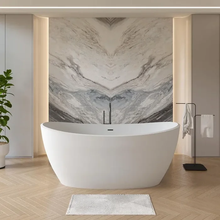 Moray 61 in. x 31.5 in. Solid Surface Stone Resin Flatbottom Freestanding Bathtub Soaking Bathtub in Matte White