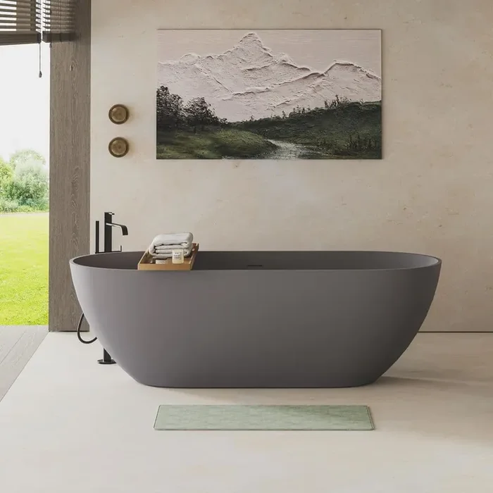 Moray 63 in. x 30 in. Stone Resin Flatbottom Freestanding Double Slipper Soaking Bathtub in Matte Gray