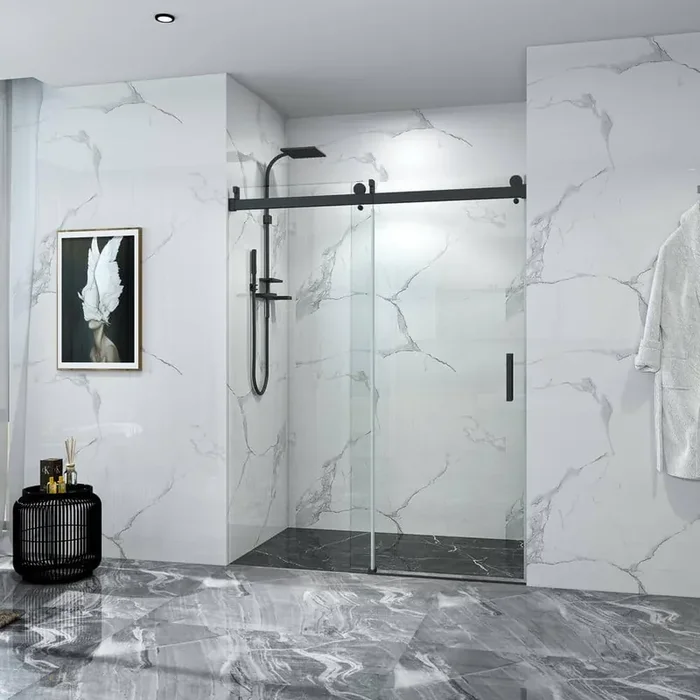 Moray 72 in. W x 76 in. H Sliding Frameless Shower Door in Matte Black Finish with Clear Glass