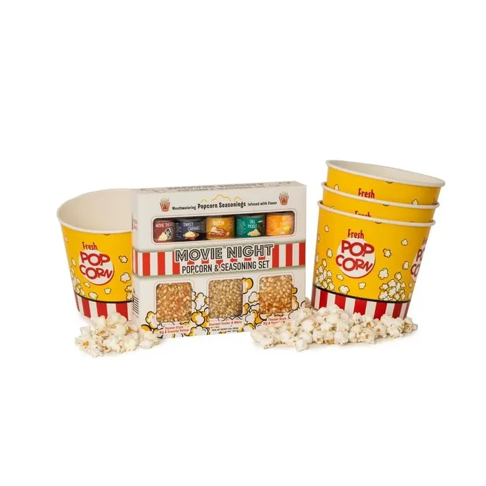 Movie Night Popcorn and Seasonings Gift Set and 4 Large Disposable Yellow Tubs 5-Piece Popcorn Set