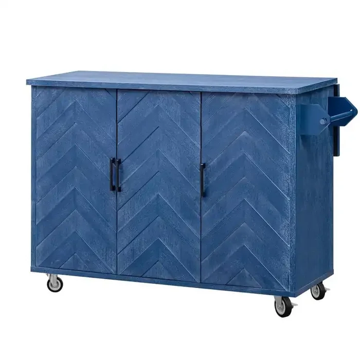 Navy Blue MDF 51.2 in. Wave Stripes Ash Veneer Kitchen Island on Wheels with Drop Leaf, 3 Doors and Adjustable Shleves