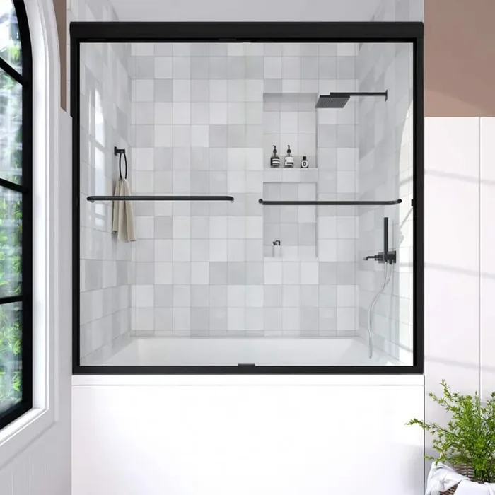 Nepti 60 in. W x 56 in. H Sliding Semi Frameless Tub Door in Matte Black Finish with Clear Glass