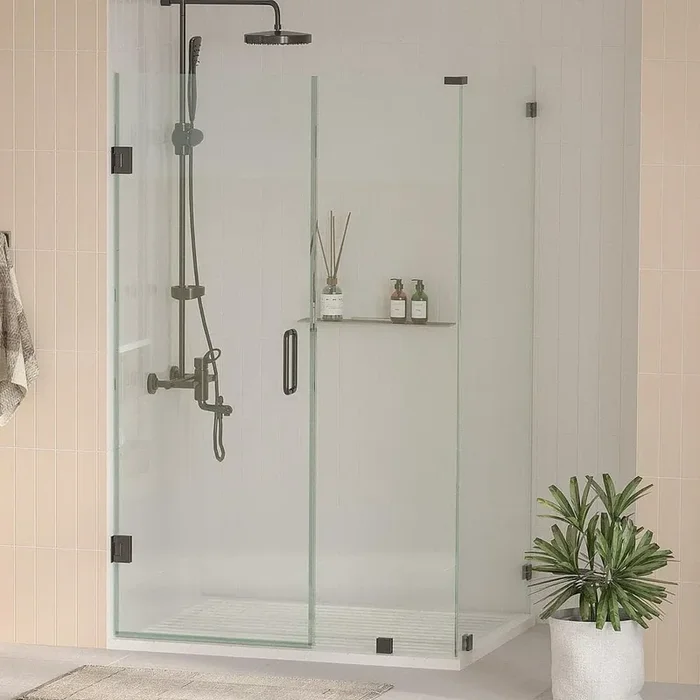 Nirvana 34 in. W x 34 in. L x 76 in. H Pivot Frameless Corner Shower Enclosure in Matte Black with 3/8 in. Clear Glass