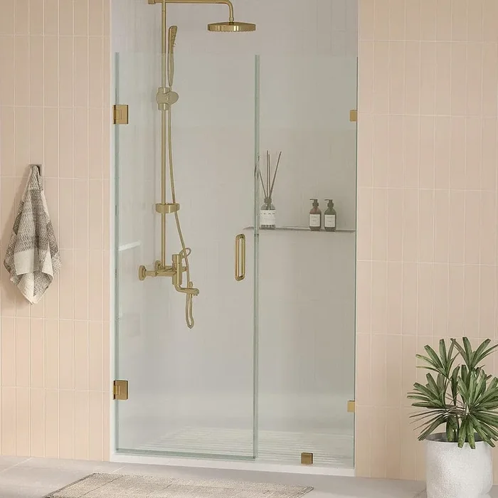 Nirvana 43 in. W x 76 in. H Frameless Hinged Shower Door in Brushed Gold with 3/8 in. Clear Glass