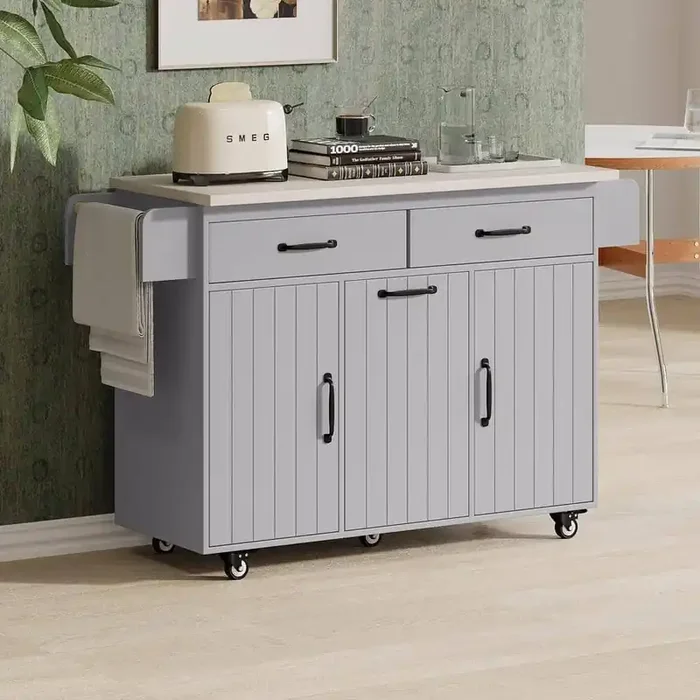 Oasis Grey Wood 51.06 in. Kitchen Island with Adjustable Shelf, Drop Leaf, Spice Rack, Towel Rack and 2-Drawers
