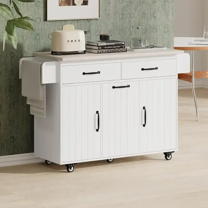 Oasis White Wood 51.06 in. Kitchen Island with Adjustable Shelf, Drop Leaf, Spice Rack, Towel Rack and 2-Drawers