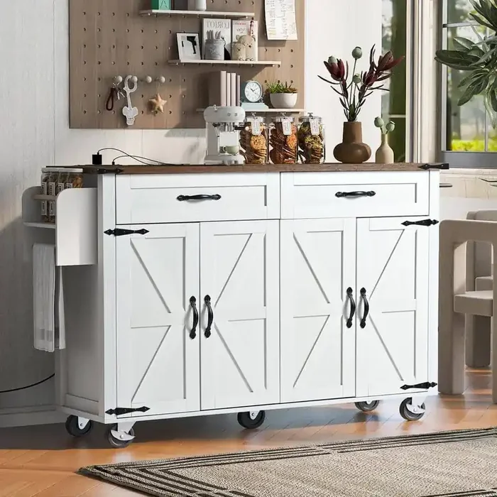 Oasis White Wood 53.5 in. Kitchen Island with Power Outlet, Kitchen Storage Island with Drop Leaf, Spice Rack