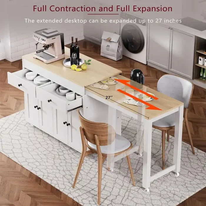 Off White and Oak Wood 70.5 in. W Kitchen Island Extendable Table 2-Drawer on Wheels with 4-Door and Spice Rack