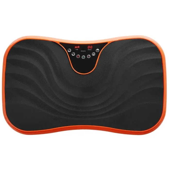 Orange vibration plate exercise machine. Full-body vibrating platform with resistance bands for home workouts.