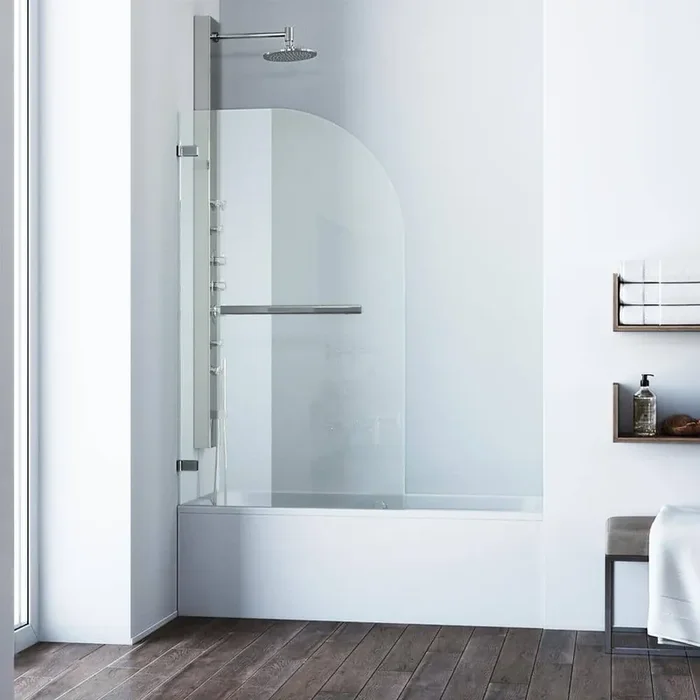 Orion 34 in. W x 58 in. H Pivot Frameless Tub Door in Stainless Steel with 5/16 in. (8mm) Clear Glass