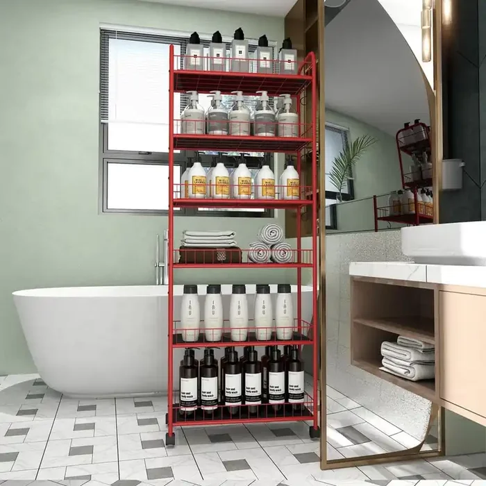 Red 6-Tier Rolling Cart Gap Kitchen Slim Slide Out Storage Tower Rack with Wheels, 6 Baskets