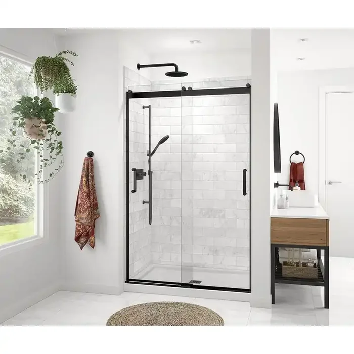 Revelation Round 47 in. W x 73 in. H Sliding Shower Door/Enclosure Alcove Installation in Matte Black with Clear Glass