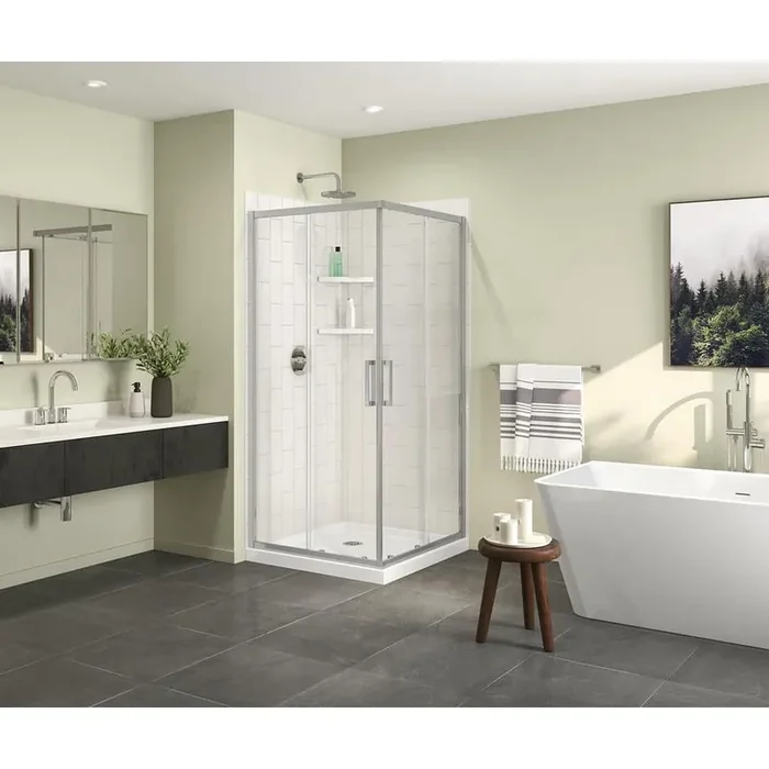 Roka 36 in. L x 36 in. W x 3 in. H Acrylic Corner Shower Base with Corner Drain in White