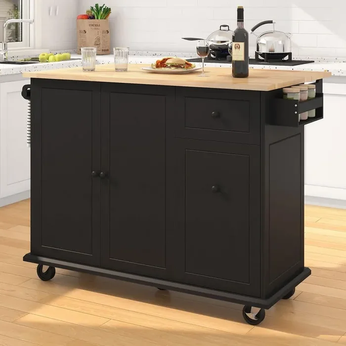 Rolling Black Drop Leaf Wood Top 54 in. Kitchen Island Cart with Internal Storage Rack, 3 Tier Pull Out Organizer