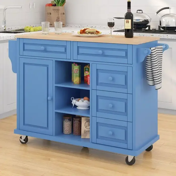 Rolling Blue Rubber Wood Desktop 52 in. Kitchen Island Cart with Adjustable Shelf, 5 Drawers and Wheels