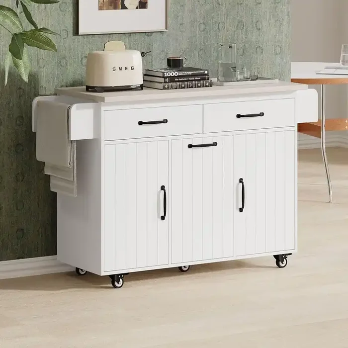 Rolling White Drop Leaf Wood Tabletop 51 in. Kitchen Island Cart with Tilt-out Trash Can, Adjustable Shelf, 5 Wheels