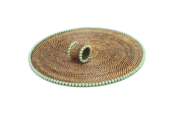 Round Placemat and Napkin Ring with Light Mint Gold Wood Beads – Set o