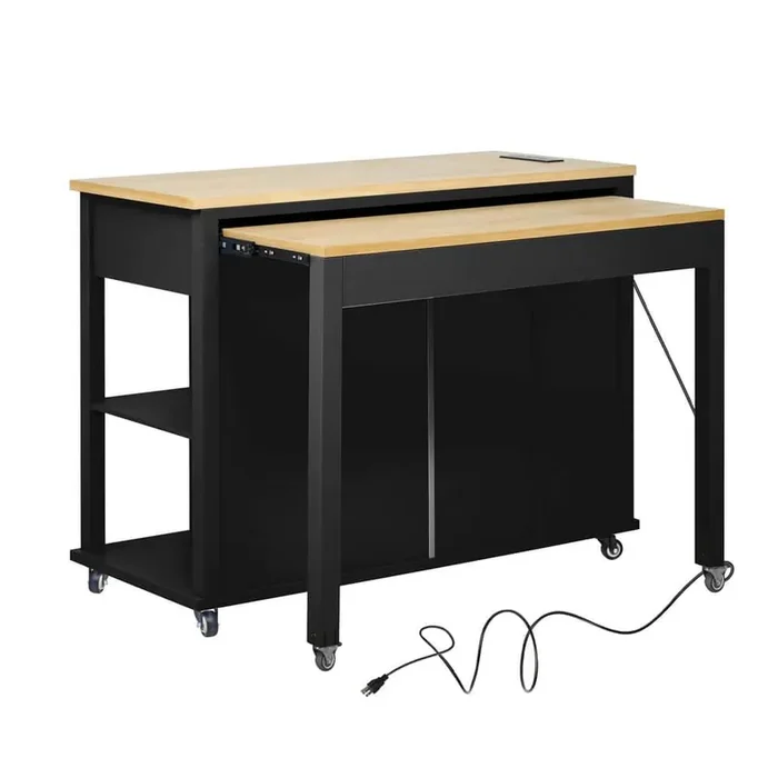 Rustic Black Wood 47.2 in. Internal Storage Rack Kitchen Island Extendable Dining Table with 2-Drawer and 2-Cabinet
