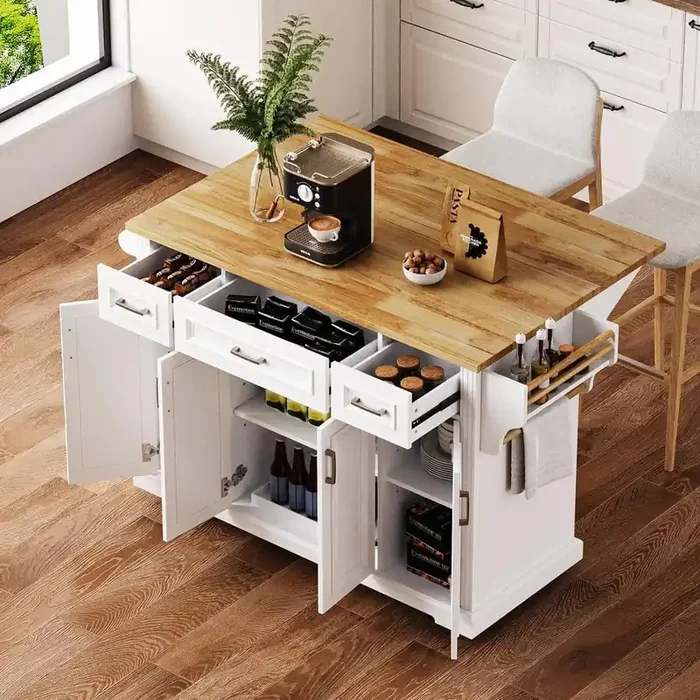 Rustic Coastal White Wood 54 in. Rubber Wood Drop Leaf Rolling Kitchen Island with 4-Door and 3-Drawer