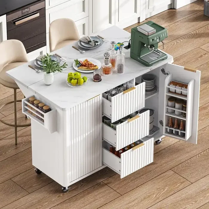 Rustic White Wood 55.5 in. Drop Leaf Power Outlet Curved Edge Kitchen Island with 6-Door Shelves and Adjustable Shelf