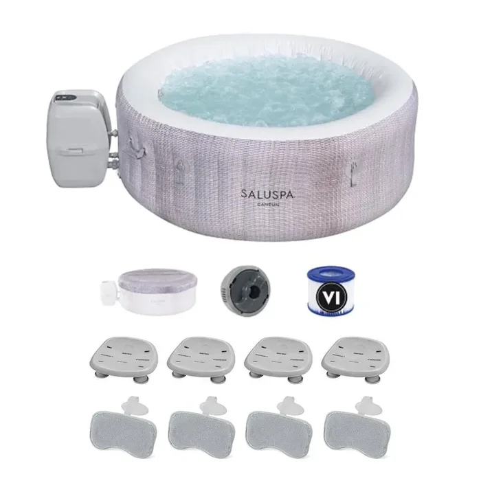 SaluSpa Cancun 4-Person 120-Jet Inflatable Hot Tub with Pool/Spa Seat (4-Pack) and Headrest Pillow (4-Pack)