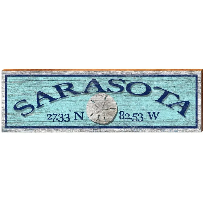 Sarasota Sand Dollar Blue Latitude Longitude | Wall Art Print on Real Wood