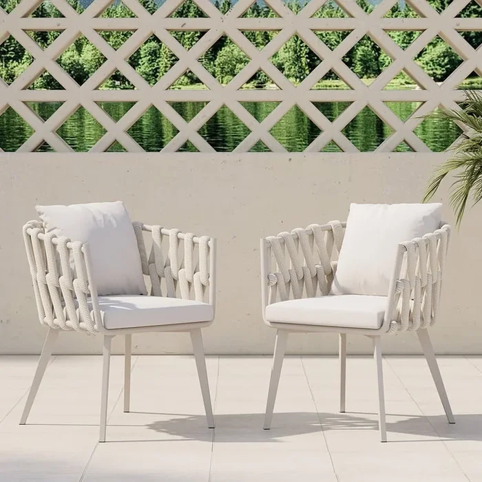 Set of 2 Hand Woven Rope Outdoor Patio Dining Chair with Cushions in Beige