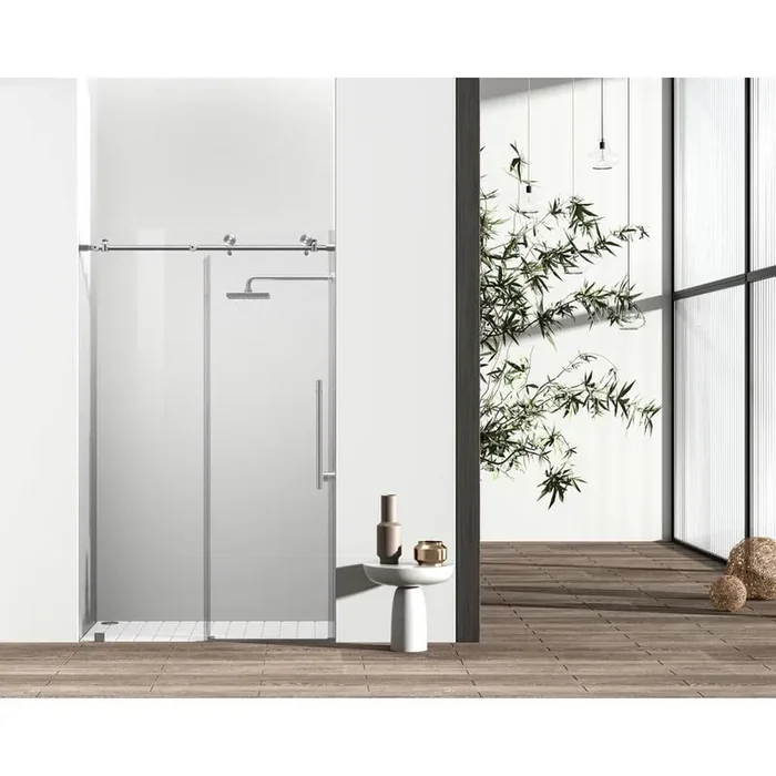 Simply Living 48 in. W x 76 in. H Frameless Sliding Shower Door in Brushed Nickel with Clear Glass