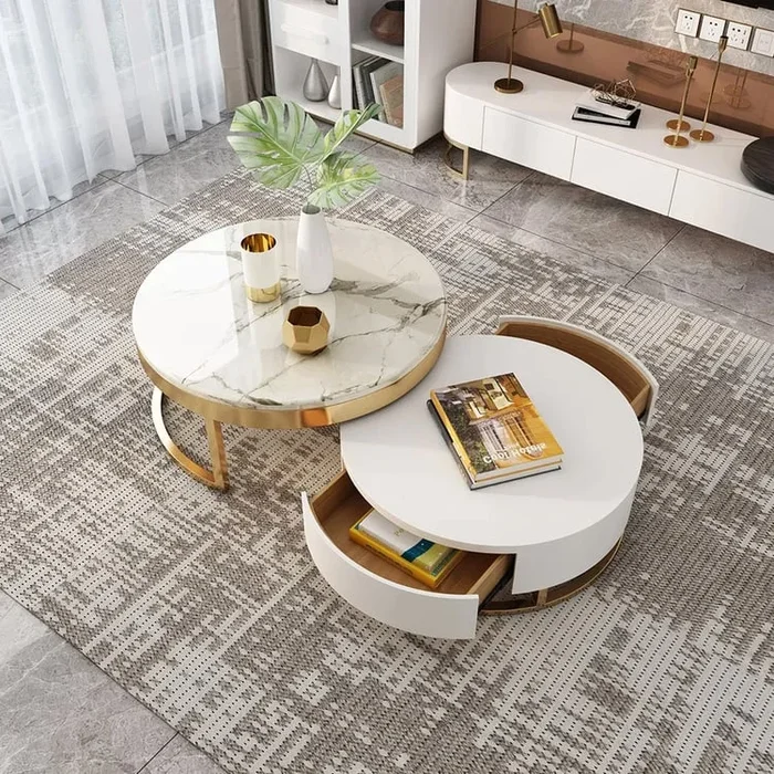 Sintered Stone Round Coffee Table, Modern White Nesting Table Set (27.6″&31.5″)