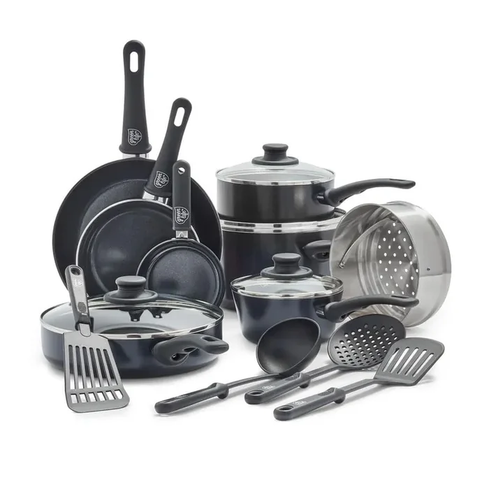 Soft Grip 16-Piece Aluminum Healthy Ceramic Nonstick Cookware Set in Black