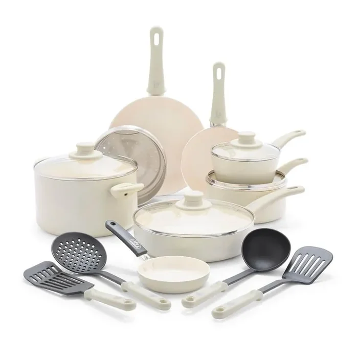 Soft Grip 16-Piece Aluminum Healthy Ceramic Nonstick Cookware Set in Cream
