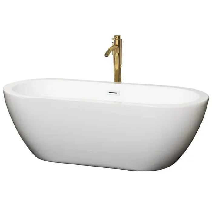 Soho 68 in. Acrylic Flatbottom Bathtub in White with Shiny White Trim and Brushed Gold Faucet