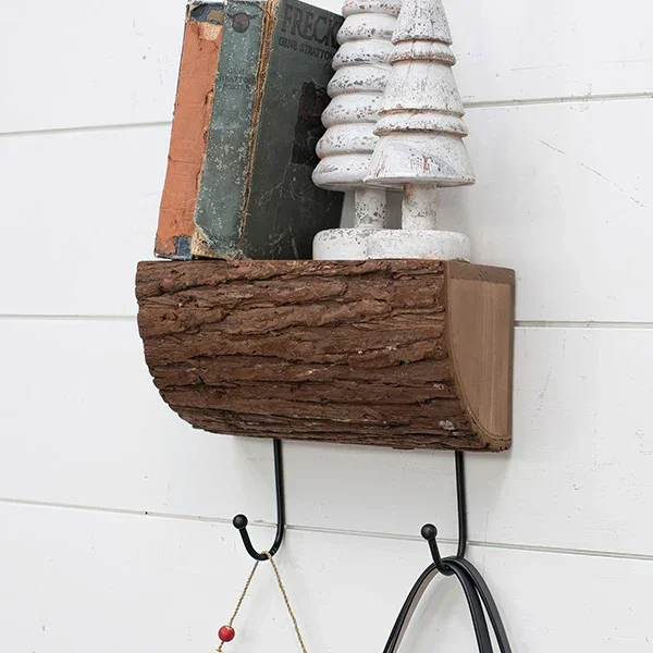 Split Wood Log Shelf with Hooks – Decor Steals