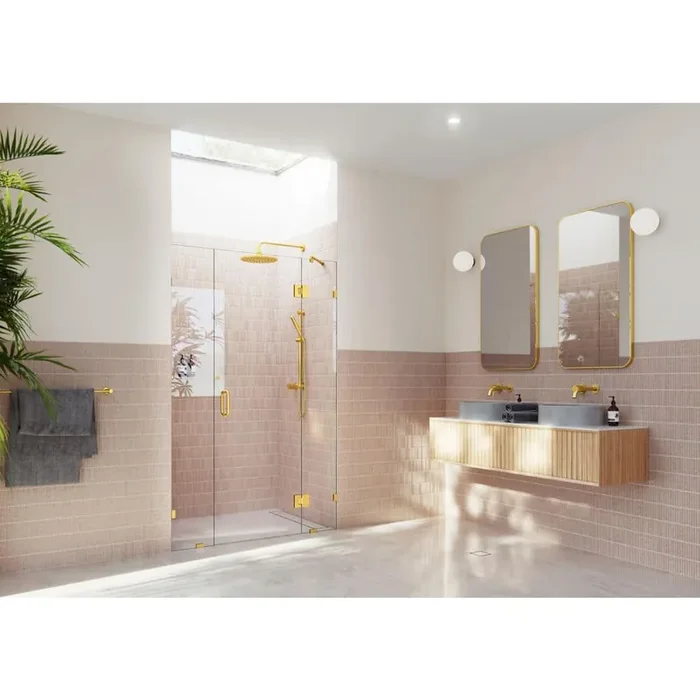 Stellar 45 in. W x 78 in. H Glass Hinged Pivot Frameless 3-Panel Inline Shower Door in Satin Brass