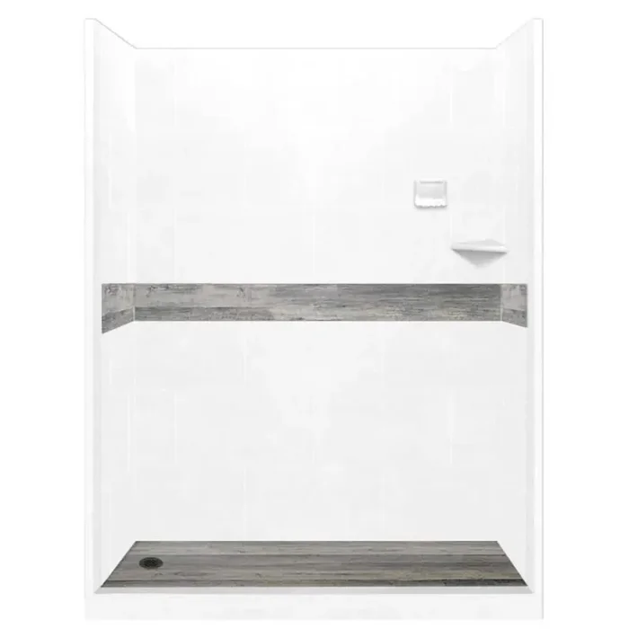 Sterling Oak Pan and Walls 34 in. x 60 in. x 80 in. Left Drain Alcove Shower Kit in Natural Buff and Old Bronze Hardware