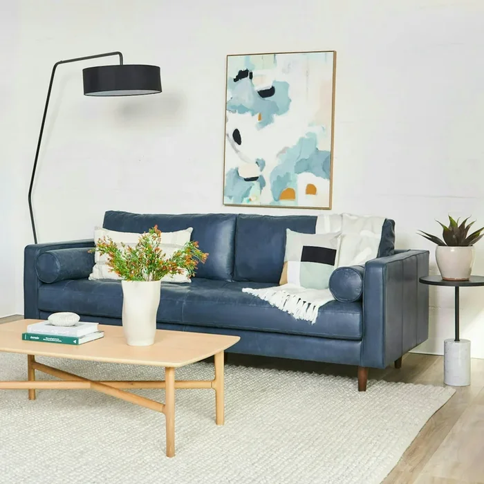 Sven 88″ Tufted Leather Sofa – Oxford Blue