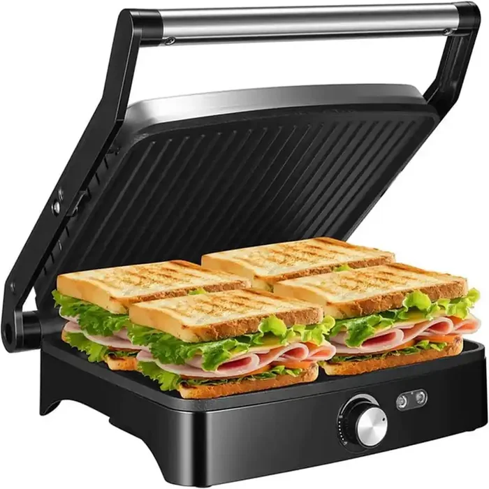 SW19 1200-Watt Black Panini Press Grill and Indoor Sandwich Maker, 4-Slice Large Non-Stick Versatile Grill, Opens 180°