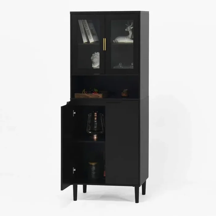 Tempered Glass Door Tall Storage Bookcase with Adjustable Board, 4-Doors MDF Painting Finished Cabinet in Black