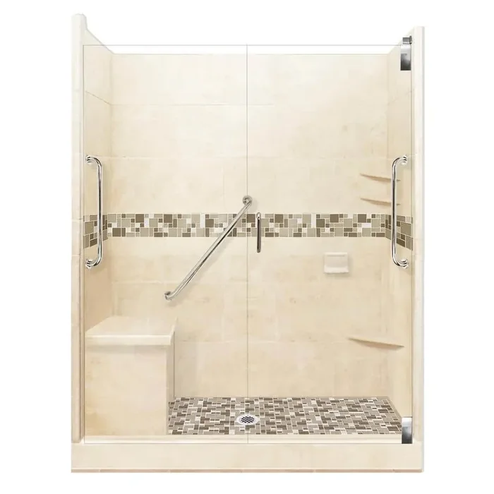 Tuscany Freedom Grand Hinged 34 in. x 60 in. x 80 in. Center Drain Alcove Shower Kit in Desert Sand and Chrome Hardware