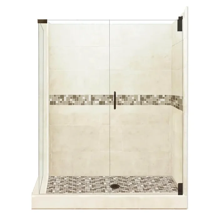 Tuscany Grand Hinged 36 in. x 42 in. x 80 in. Right-Hand Corner Shower Kit in Desert Sand and Old Bronze Hardware