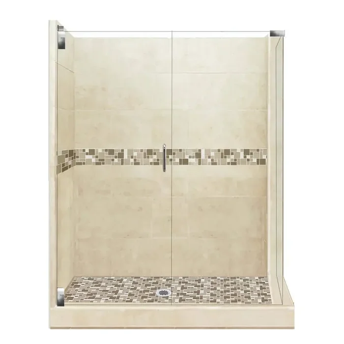 Tuscany Grand Hinged 36 in. x 48 in. x 80 in. Left-Hand Corner Shower Kit in Brown Sugar and Satin Nickel Hardware