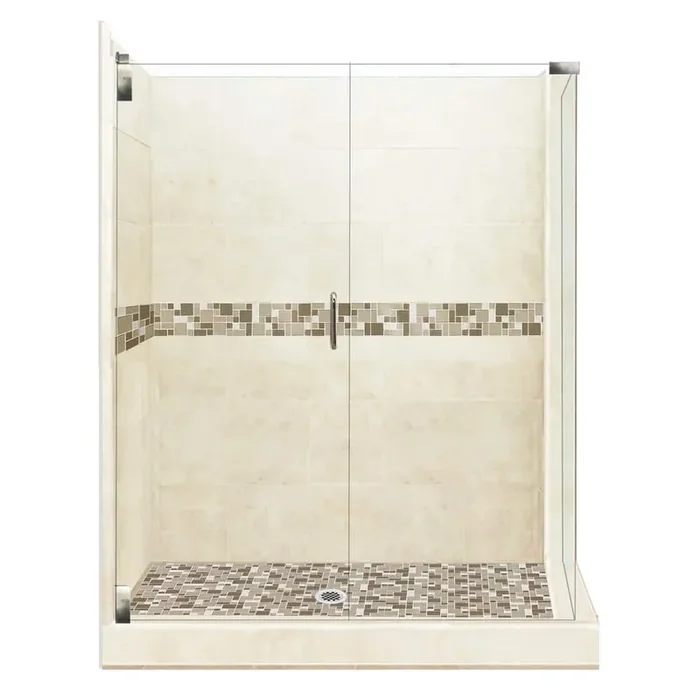 Tuscany Grand Hinged 36 in. x 48 in. x 80 in. Left-Hand Corner Shower Kit in Desert Sand and Satin Nickel Hardware
