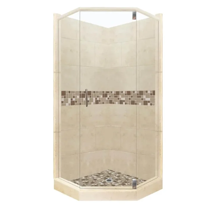 Tuscany Grand Hinged 42 in. x 42 in. x 80 in. Neo-Angle Shower Kit in Brown Sugar and Satin Nickel Hardware