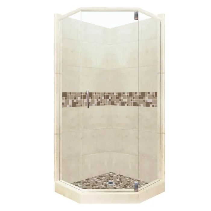 Tuscany Grand Hinged 42 in. x 48 in. x 80 in. Right-Cut Neo-Angle Shower Kit in Desert Sand and Chrome Hardware