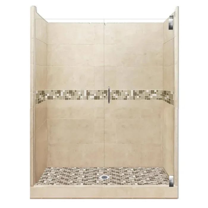 Tuscany Grand Hinged 42 in. x 60 in. x 80 in. Center Drain Alcove Shower Kit in Brown Sugar and Chrome Hardware