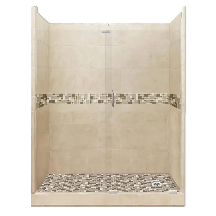 Tuscany Grand Slider 34 in. x 60 in. x 80 in. Right Drain Alcove Shower Kit in Brown Sugar and Chrome Hardware
