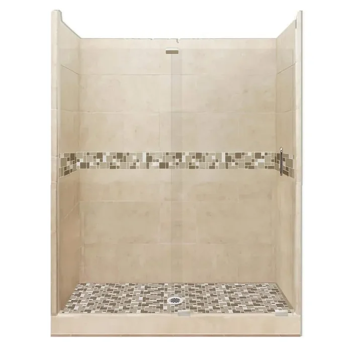 Tuscany Grand Slider 36 in. x 60 in. x 80 in. Center Drain Alcove Shower Kit in Brown Sugar and Satin Nickel Hardware